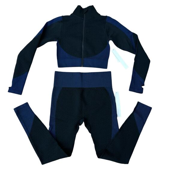 New Mix Zip Up Cropped Active Top & High Waist Leggings Set Black & Blue Size S - Picture 6 of 6